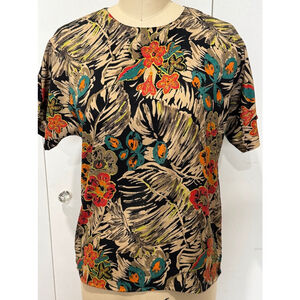 Women's Nicola jungle Floral Print short sleeve Top Size S black tan mult